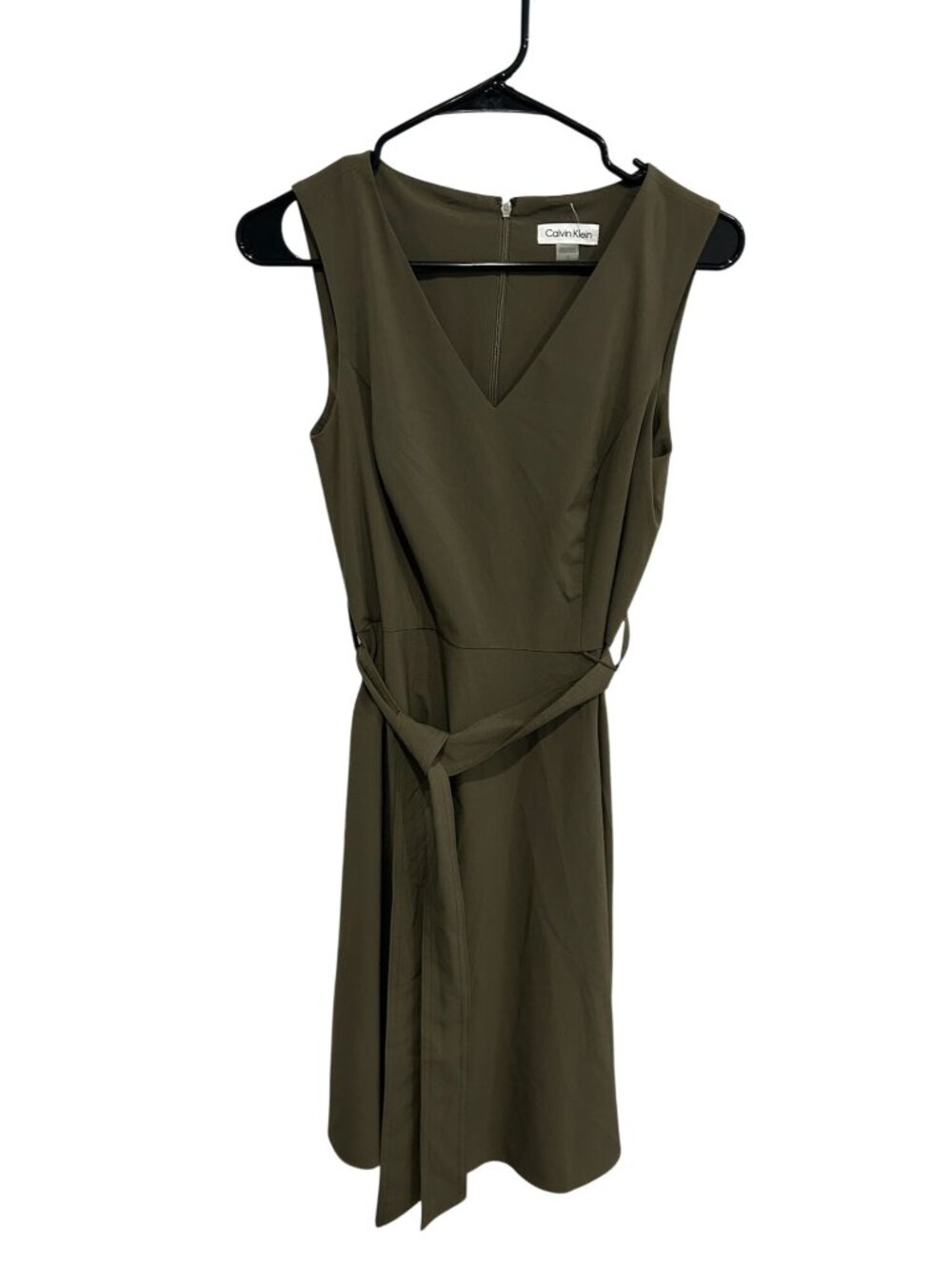 Calvin Klein 2 Olive Green Sleeveless Dress Waist Tie Clean Girl NWT